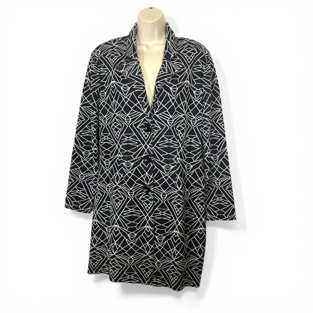 Misook L Dark Blue & White Geometric Knit Long Blazer Jacket Cardigan LKNEW